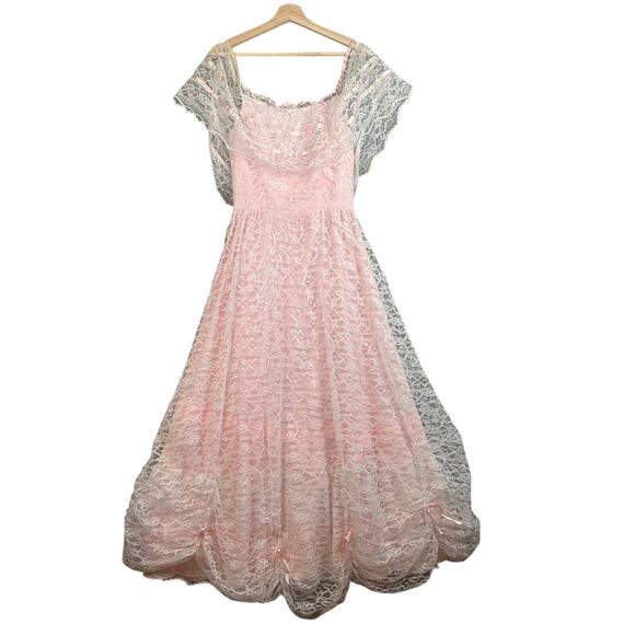 Vintage 80s Pale Pink Lace Off Shoulder Full Skirt Prom Dress Prairie Cottage - Picture 2 of 14